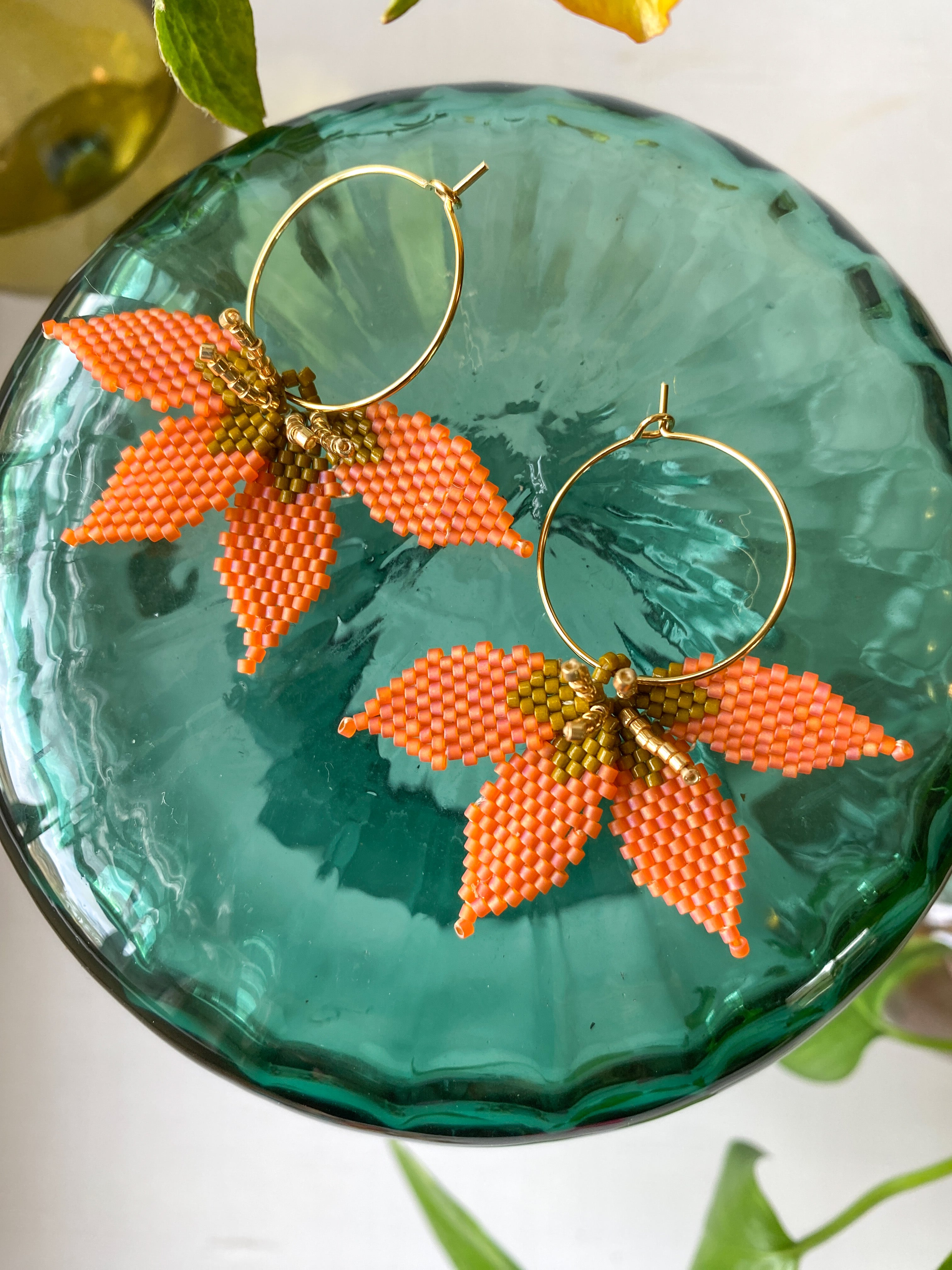 Peach Colored Beaded Flower Earrings with Gold Hoops